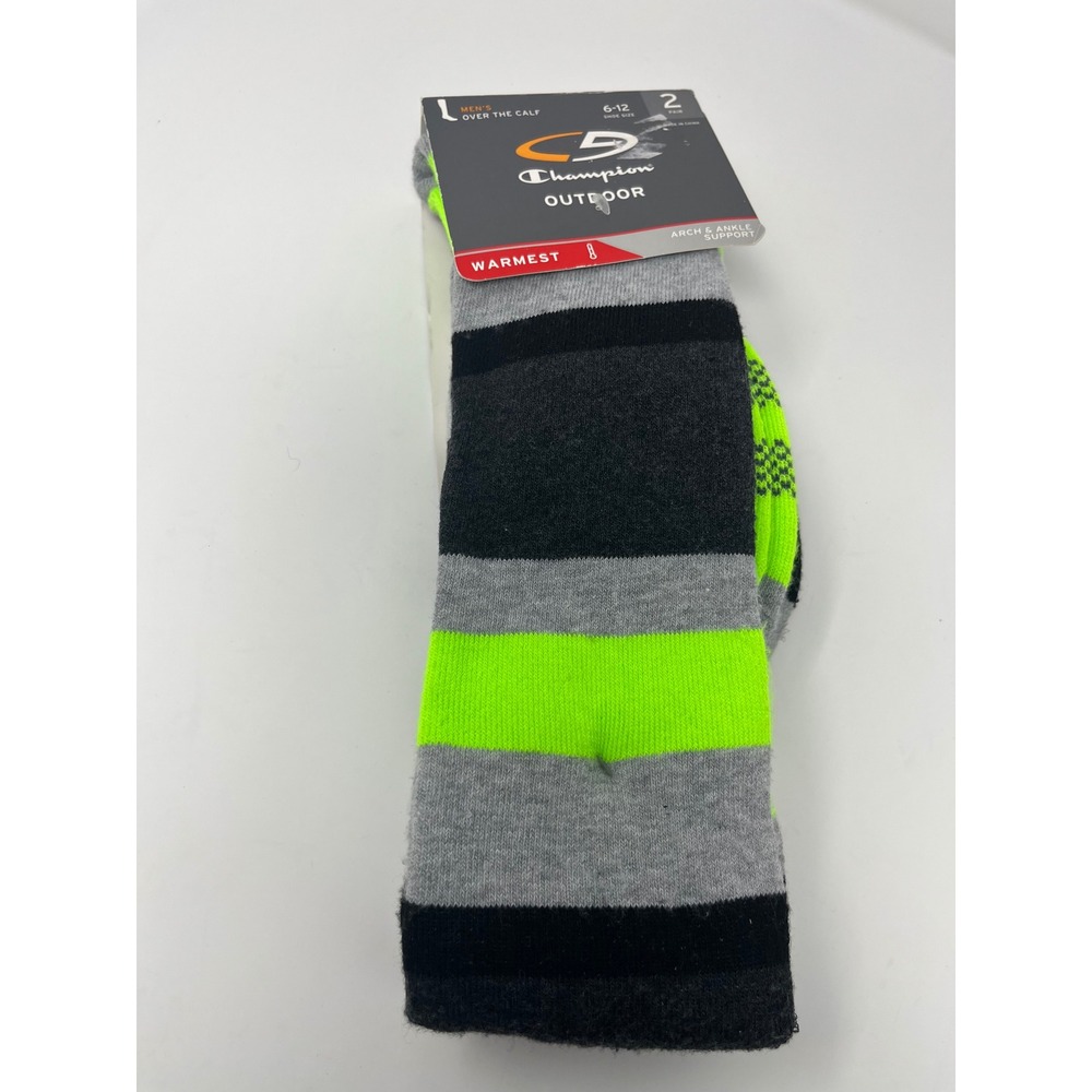 C9 Champion Outdoor Warmest Over The Calf Socks Mens 2 Pair Grey Neon Green 6-12